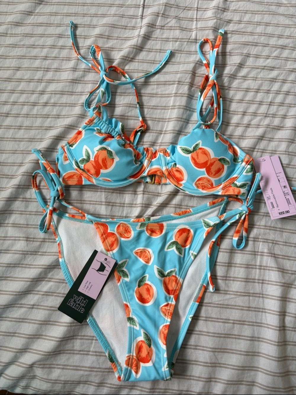 Orange Print Tie Shoulder Underwire Bikini Top and Side-Tie Scoop Bottom